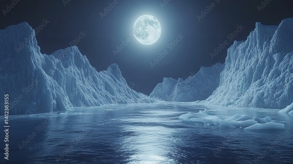 Serene arctic landscape under a full moon s glow icy mountains reflecting moonlight on calm waters