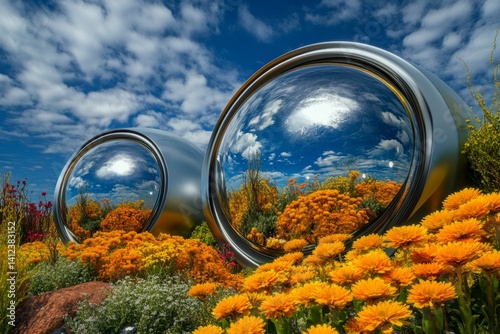 A futuristic world where flowers are cultivated inside floating glass orbs, sustaining life in space