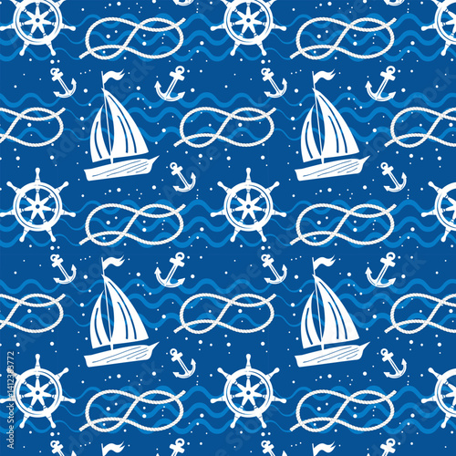 Stylized pattern with a sailboat.Vector seamless pattern with sailboat and ship rigging on a blue background.