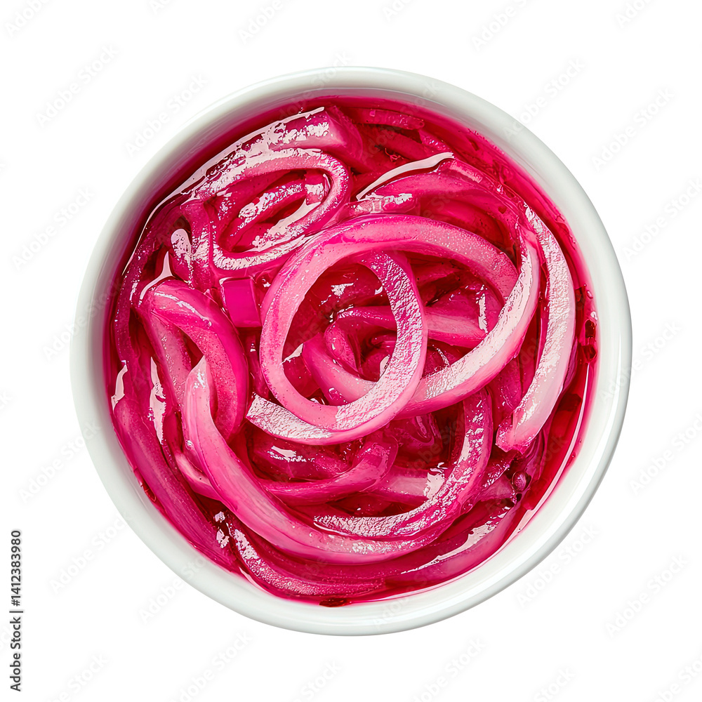 bowl of Pickled red onion top view isolated on transparent white background, clipping path