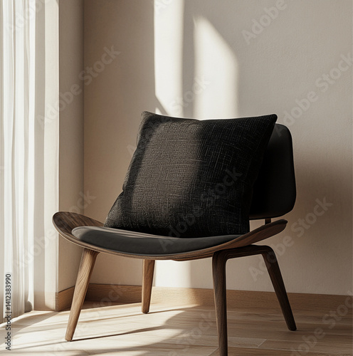 a black textured cushion with subtle geometric patterns placed on a classic chair, minimalist modern interior, soft natural lighting, neutral-toned wall, wooden flooring, studio-style composition