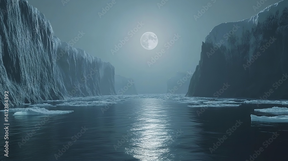 Arctic Serenity Moonlit Ice Cliffs and Glacial Waters under a Full Moon s Glow