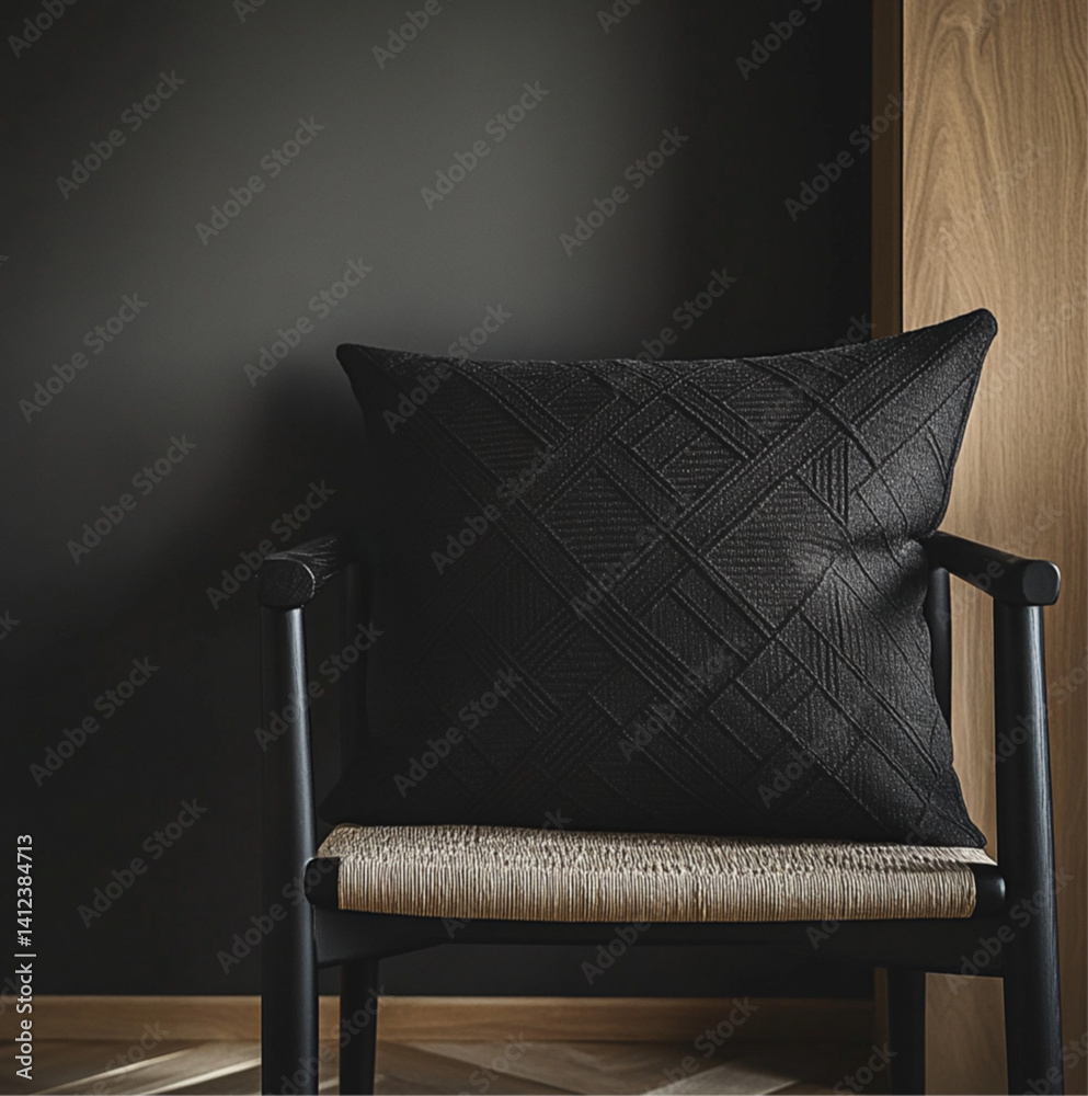 a black textured cushion with subtle geometric patterns placed on a classic chair, minimalist modern interior, soft natural lighting, neutral-toned wall, wooden flooring, studio-style composition