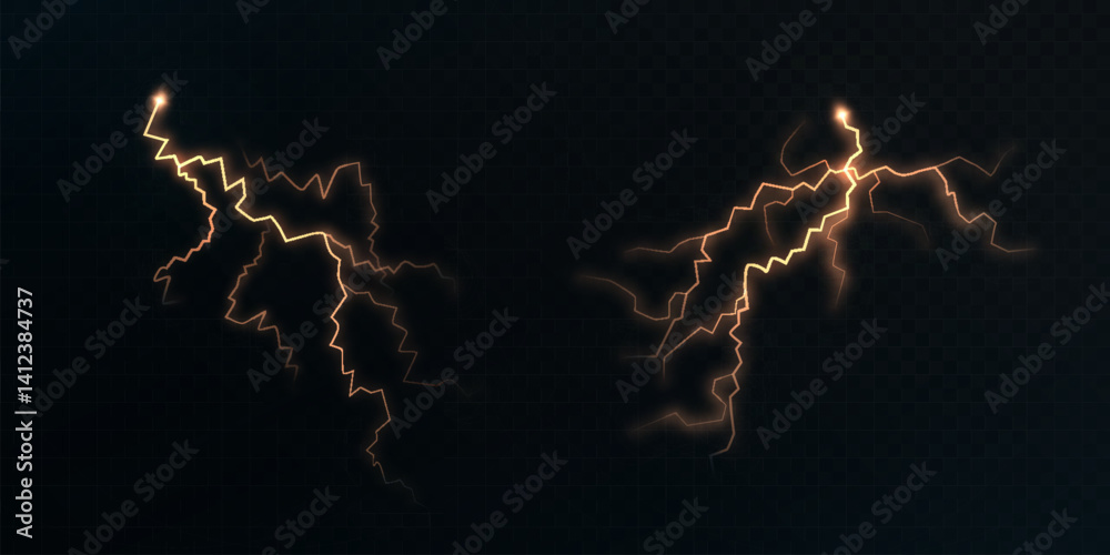 Orange glowing lightning bolts with electric discharge on dark transparent background. Vector illustration for energy effects, sci-fi visuals, storm scenes or energy related projects.