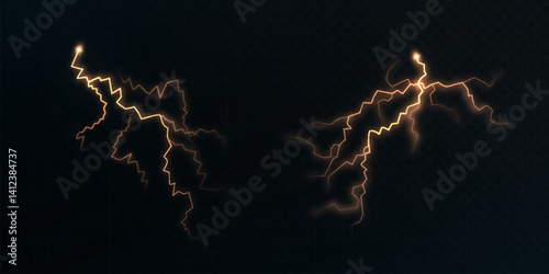 Orange glowing lightning bolts with electric discharge on dark transparent background. Vector illustration for energy effects, sci-fi visuals, storm scenes or energy related projects.