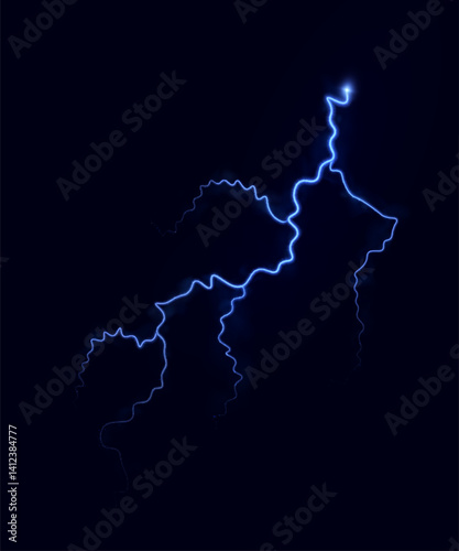 Blue glowing lightning with electric discharge on dark background. Vector for energy effects, sci-fi visual effects, storm scenes or energy related projects.