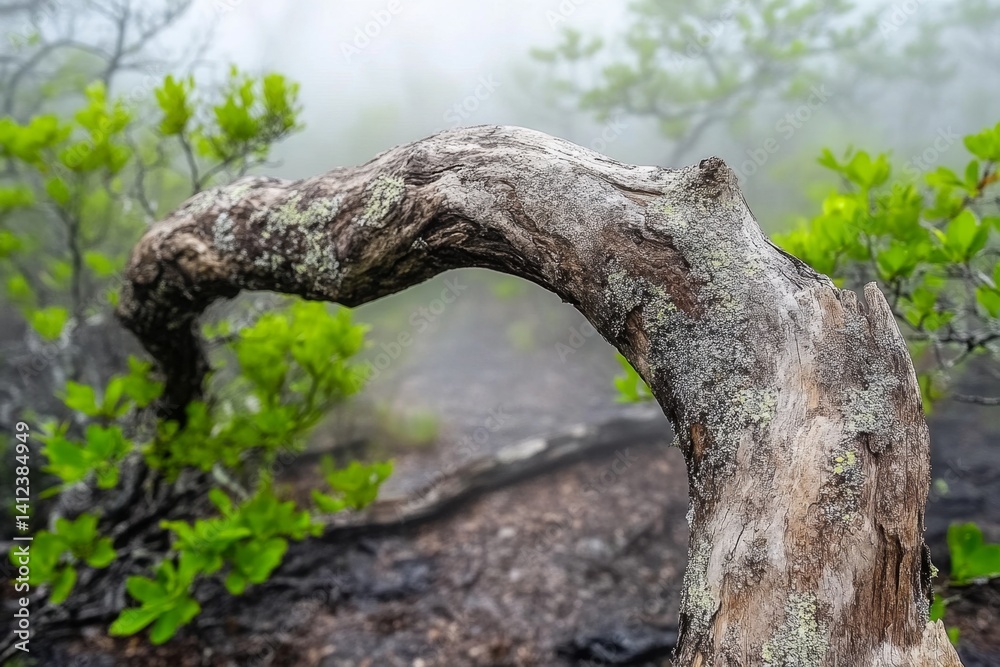 A gnarled tree branch stretching over a foggy swamp, its twisted form adding to the eerie atmosphere A gnarled tree branch stretching over a foggy swamp, its twisted form adding to the eerie atmosphere