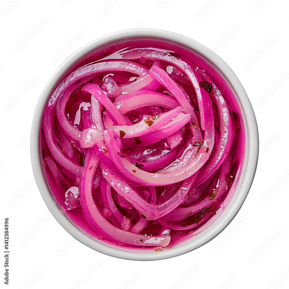 bowl of Pickled red onion top view isolated on transparent white background, clipping path