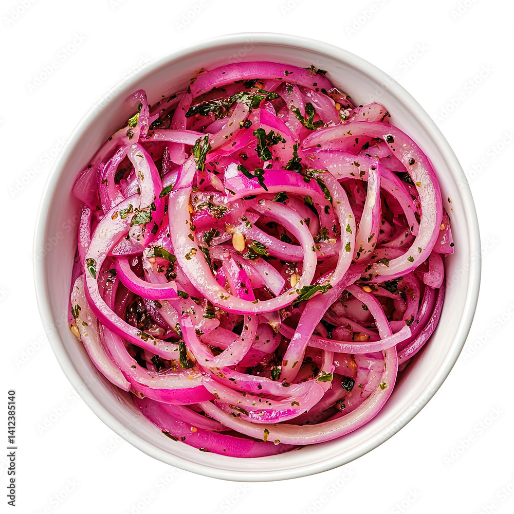 bowl of Pickled red onion top view isolated on transparent white background, clipping path