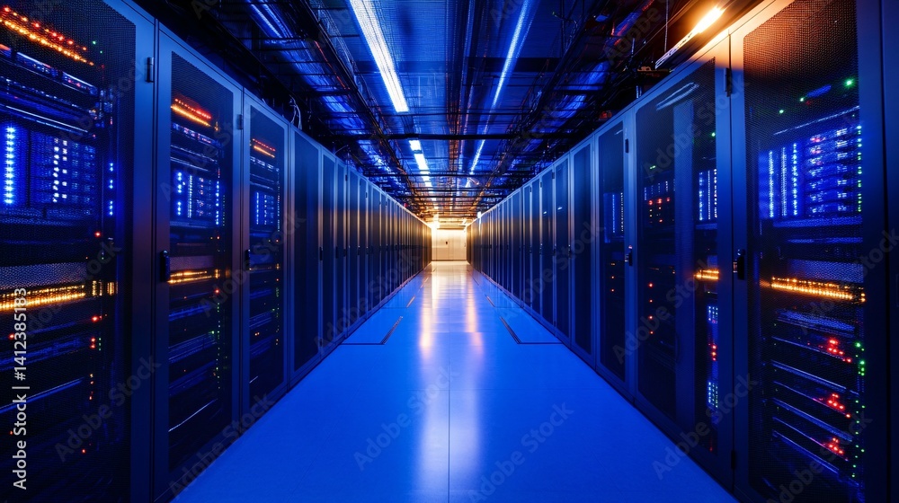 Fototapeta premium Server room aisle with blue lighting and racks of equipment.