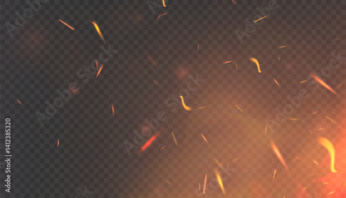Sparkling glowing sparks and embers of fire with warm orange light on transparent background.