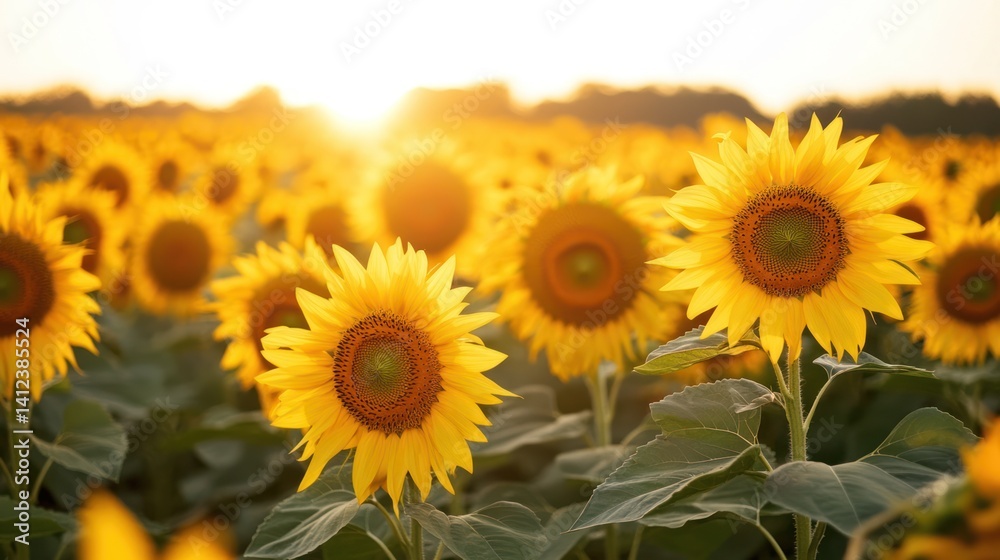 Fototapeta premium Golden sunflowers bask in the sun's embrace, illuminating a vast field of vibrant flora