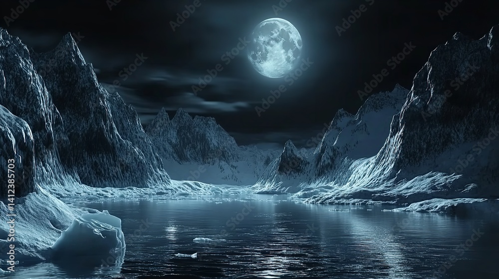 Serene arctic landscape under a full moon icy mountains reflecting in tranquil waters cold night