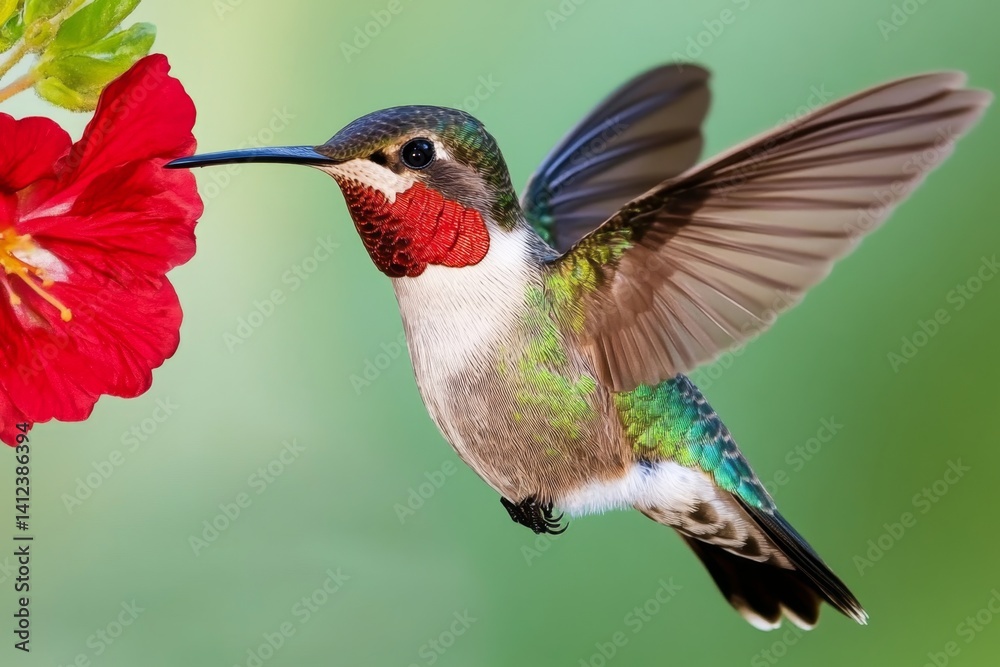Fototapeta premium A hummingbird feeding from a flower hanging off a branch, its wings a blur