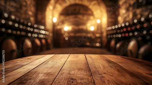 A rustic wooden table in a softly lit wine cellar, evoking warmth and tranquility.
