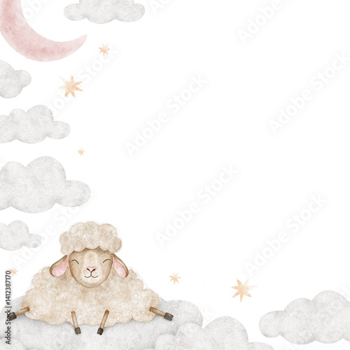 Sheep sleeping on clouds, crescent moon and stars. Isolated hand drawn Watercolor frame. Layout of cute lamb animal for children's room, kid's goods, posters, baby shower cards