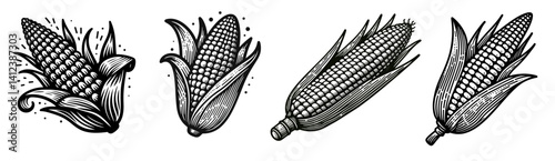 Corn Icon Set – Farm & Harvest-Themed Vector Illustrations