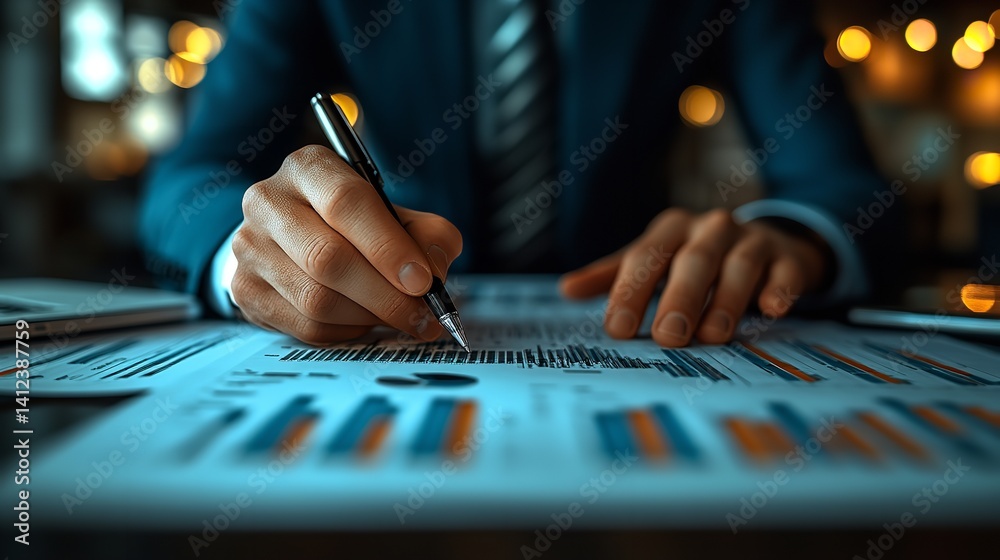 Focused businessman analyzing financial charts late at night in warm soft lighting with blurred