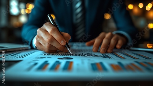 Obraz na płótnie Focused businessman analyzing financial charts late at night in warm soft lighting with blurred w salonie