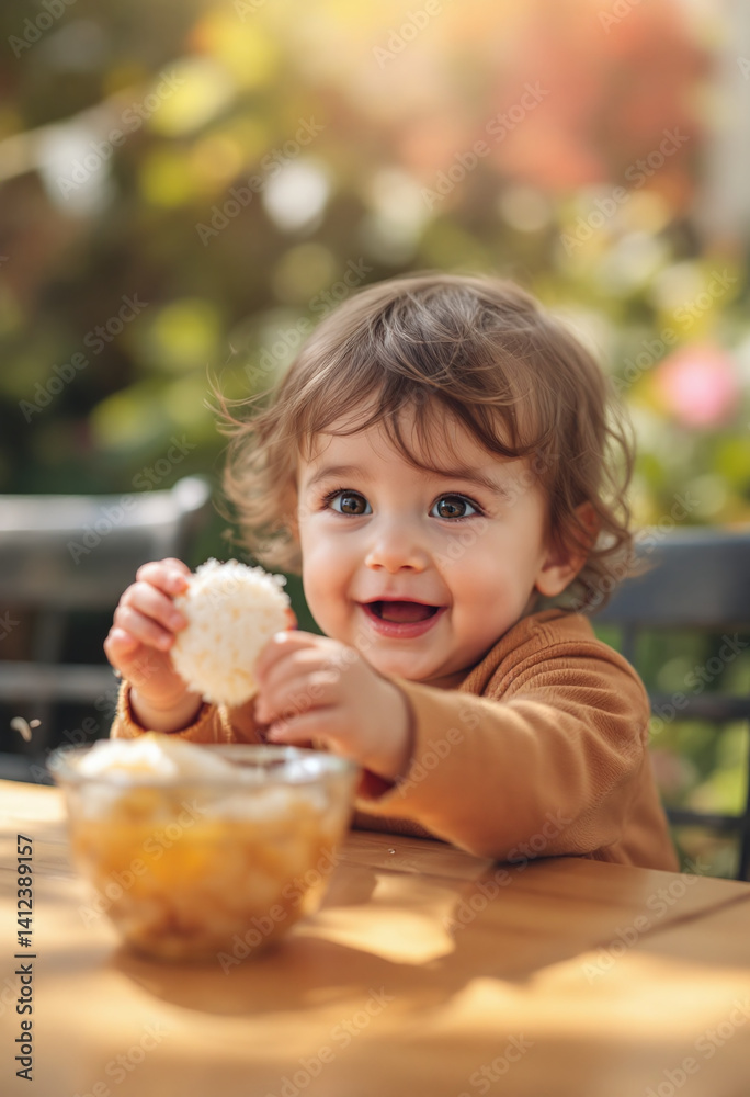 Fototapeta premium Smiling happy toddler baby boy enjoying a sweet treat in a sunny garden. Vertical banner