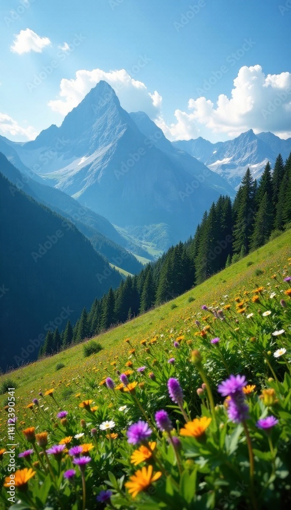 Fototapeta premium Steep slopes, wildflowers, distant mountain range, rock, valley, spring