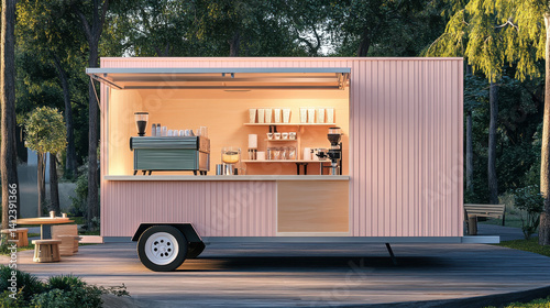 Mobile Coffee Shop: A modern coffee shop on wheels, stylishly blending a pop of color and design into a lush natural setting, presenting an inviting scene of a cozy cafe experience.