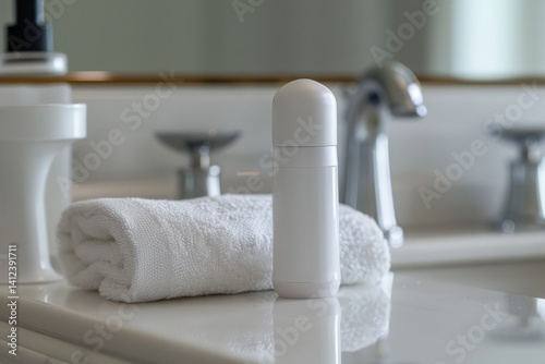 White Cosmetic Bottle on Bathroom Counter Next to Towel