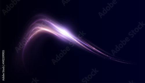 Abstract violet light trail with glowing particles on dark background. Suitable for sci-fi backdrops, digital effects, energy visuals, and futuristic UI elements.	