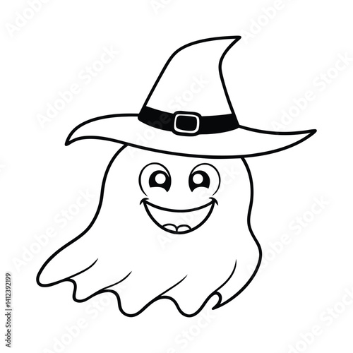 Happy Ghost Illustration With Witch Hat for Halloween Coloring