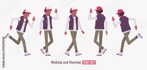 Young dark skin guy wearing cap, vest run, walk pose set. Boy urban, camping holiday outing hiking boots, male casual and daily outdoors chilly or cold activity. Vector flat style cartoon illustration