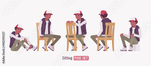 Young dark skin guy wearing cap, vest sitting pose set. Boy urban, camping holiday, outing hiking boots, male casual and daily outdoors chilly or cold activity. Vector flat style cartoon illustration