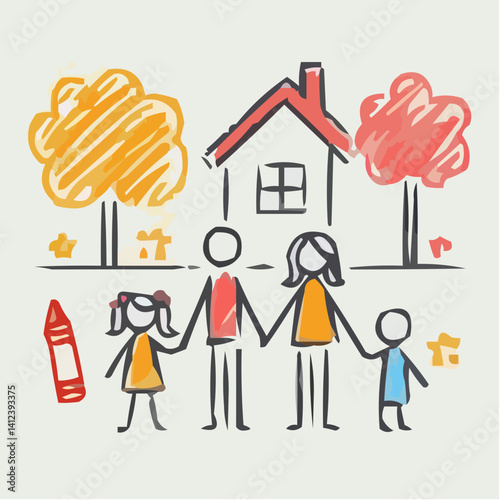 Family Icon Holding Hands in Front of a Colorful House  