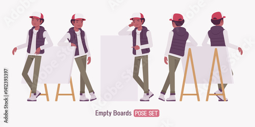 Young dark skin guy wearing cap, vest leaning pose set. Boy urban, camping holiday, outing hiking boots, male casual and daily outdoors chilly or cold activity. Vector flat style cartoon illustration