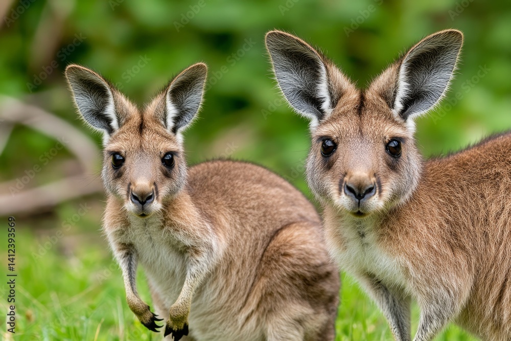 Fototapeta premium A mother kangaroo (Macropodidae family) hopping across the outback with her joey peeking out of her pouch