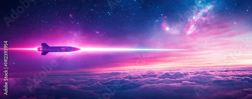 futuristic spacecraft soars through vibrant, colorful sky above clouds, leaving trail of light. scene is set against backdrop of starry night, evoking sense of wonder and adventure