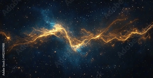 Cosmic nebulae, swirling golden currents against a dark starry expanse.  Intricate filaments of light dance across the vastness of space photo