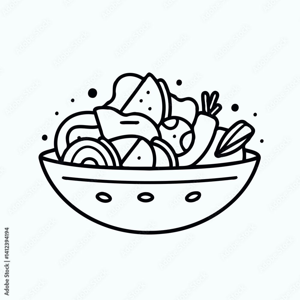 Salad bowl line illustration with vegetables in black and white Salad bowl line illustration with vegetables in black and white