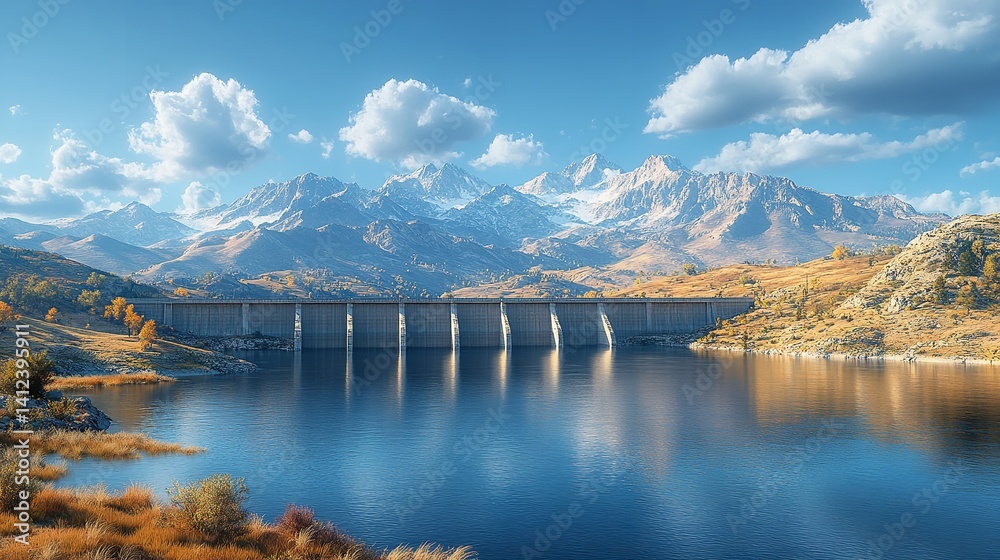 Majestic mountain dam reflecting serene autumn lake under a vibrant sky