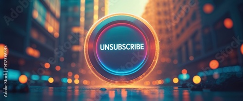 A vibrant urban atmosphere showcases a striking unsubscribe button glowing amidst towering buildings. Soft lights create an intriguing backdrop as people stroll by, drawn to its modern design