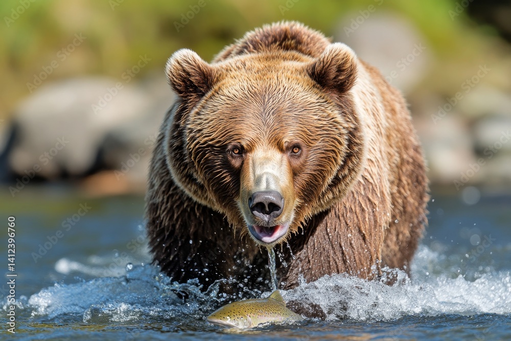 A powerful Ursus (grizzly bear) catching a salmon mid-leap in a rushing river A powerful Ursus (grizzly bear) catching a salmon mid-leap in a rushing river