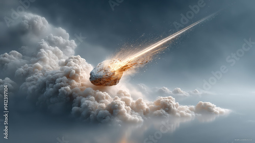 dramatic explosion of meteor in space, illuminating clouds with bright streaks of light, creates breathtaking cosmic scene. energy and intensity evoke awe and wonder