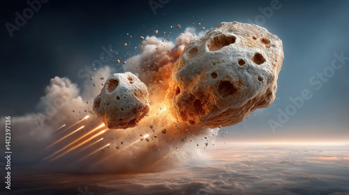 dramatic explosion of meteor in space creates stunning visual spectacle, with bright flames and debris illuminating dark expanse. scene captures raw power of cosmic events