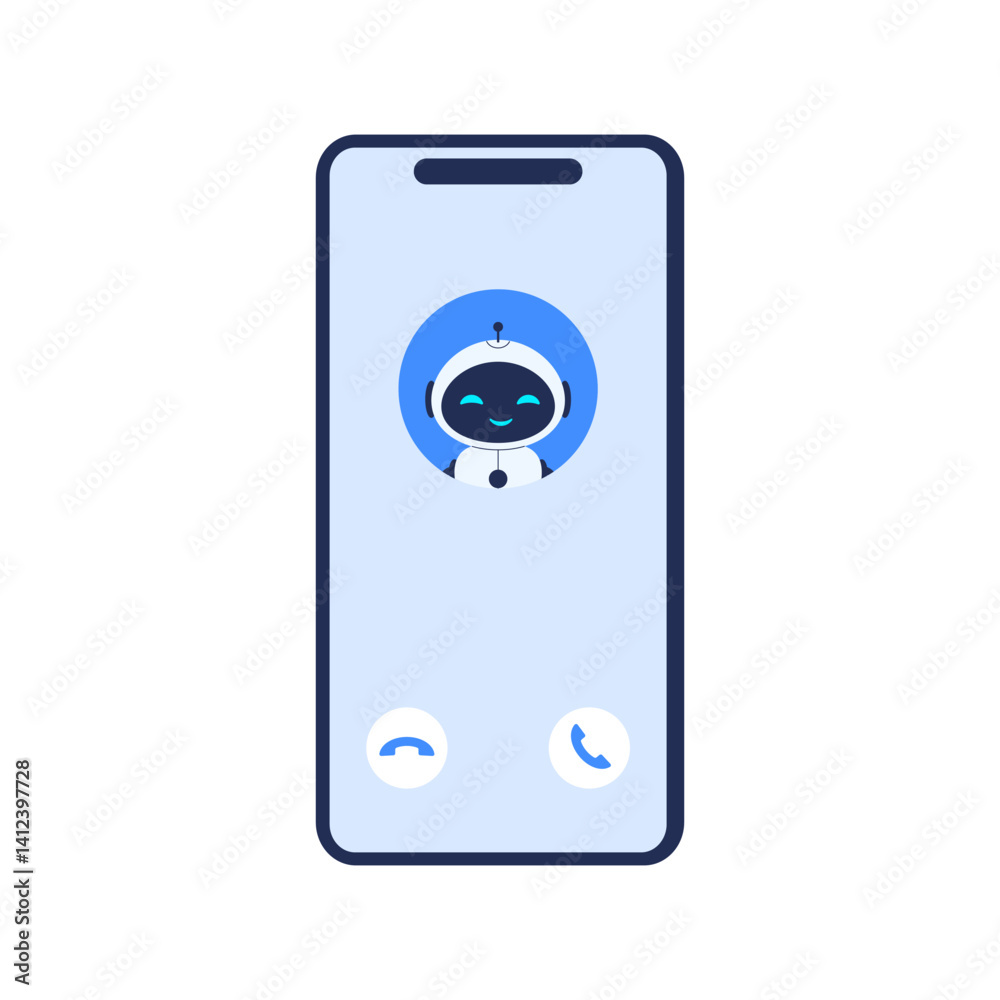 Incoming call from AI chatbot on phone screen. Vector illustration for artificial intelligence assistant, customer service and mobile communication technology concept Incoming call from AI chatbot on phone screen. Vector illustration for artificial intelligence assistant, customer service and mobile communication technology concept