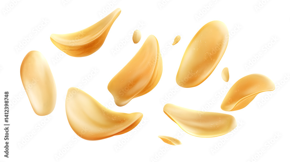 Crispy Potato Chips Flying on White Background - Isolated Snack Image for Designers Crispy Potato Chips Flying on White Background - Isolated Snack Image for Designers