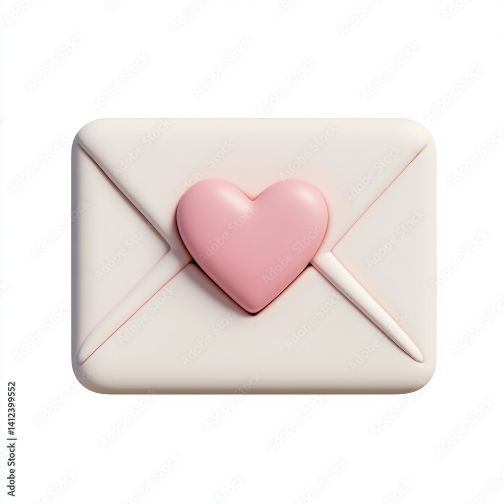 3D Pink Heart Love Letter Envelope, White Background, Valentine's Day 3D Pink Heart Love Letter Envelope, White Background, Valentine's Day