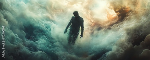Silhouette of a person submerged in turbulent ocean waves. Dramatic, moody, and mysterious.