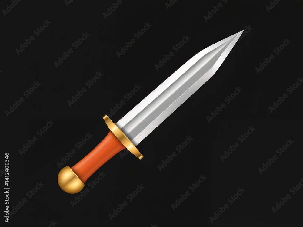 3D short sword with golden hilt, ideal for fantasy games or medieval combat themes. Generative AI