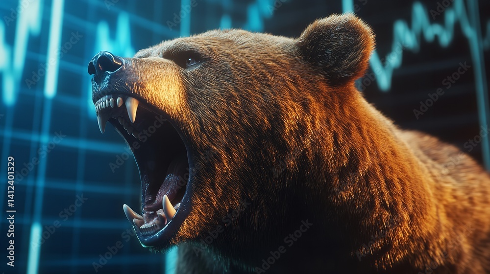 Roaring bear market crash stock market downturn dramatic 3D render with cool blue tones and intense