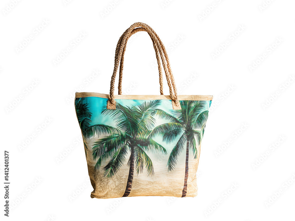 Beach bag with tropical palm tree print isolated on white or transparent background, summer beach vacations and holidays png cut out