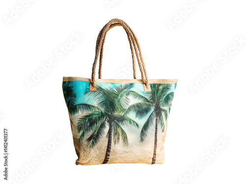 Obraz na płótnie Beach bag with tropical palm tree print isolated on white or transparent background, summer beach vacations and holidays png cut out w salonie